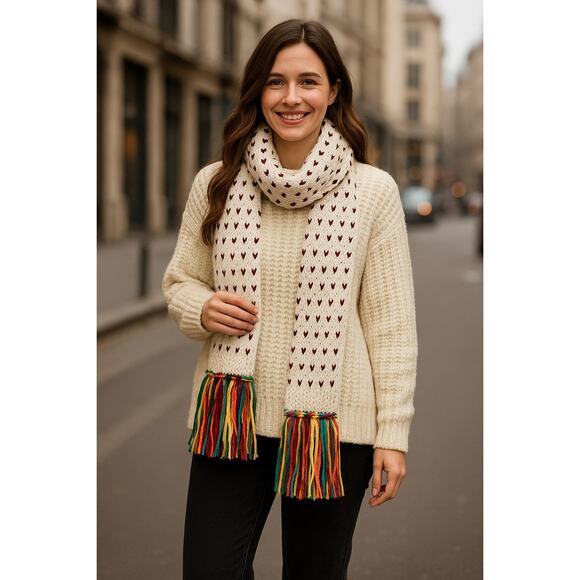 Grace & Lace Whipstitch Knit Scarf Cream Multicolor Fringe Boho Indie Whimsical - Picture 1 of 8